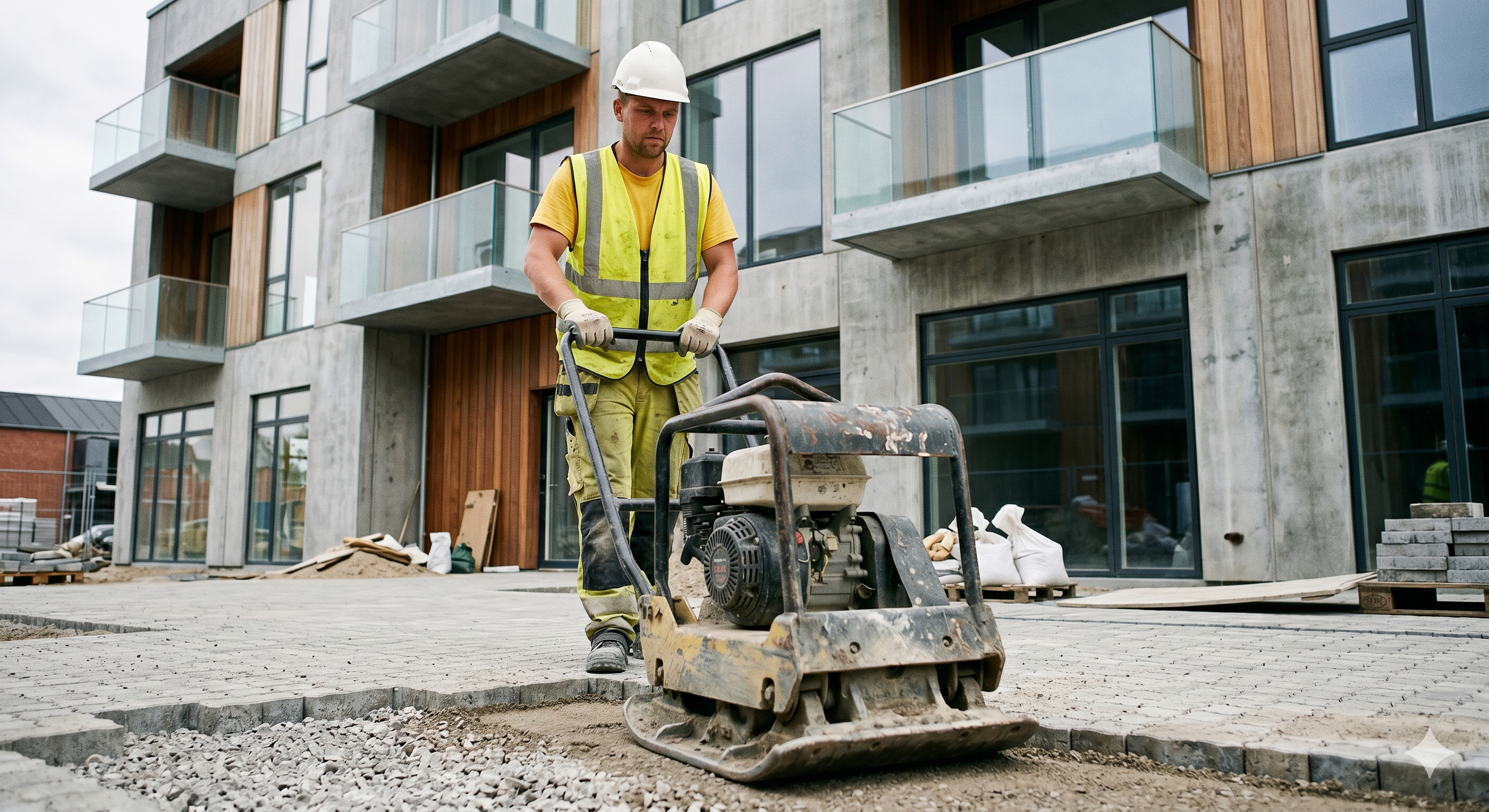 Bauarbeiter mit Rüttelplatte vor modernem Neubau mit Balkonfassade und Pflasterfläche im Außenbereich.