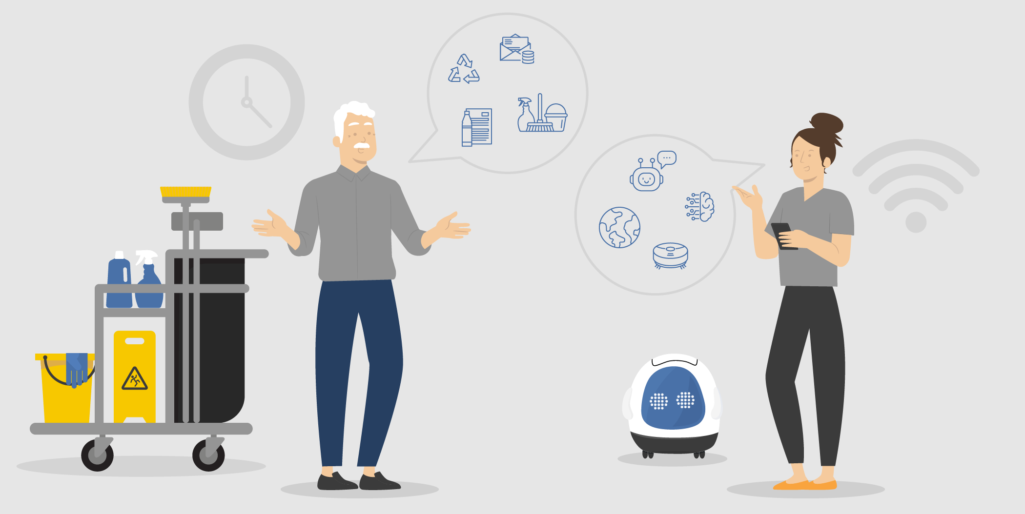 Älterer Mannes mit einem Reinigungswagen und jüngere Frau mit Smartphone, die über Themen wie Recycling, Technologie und Automatisierung diskutieren.