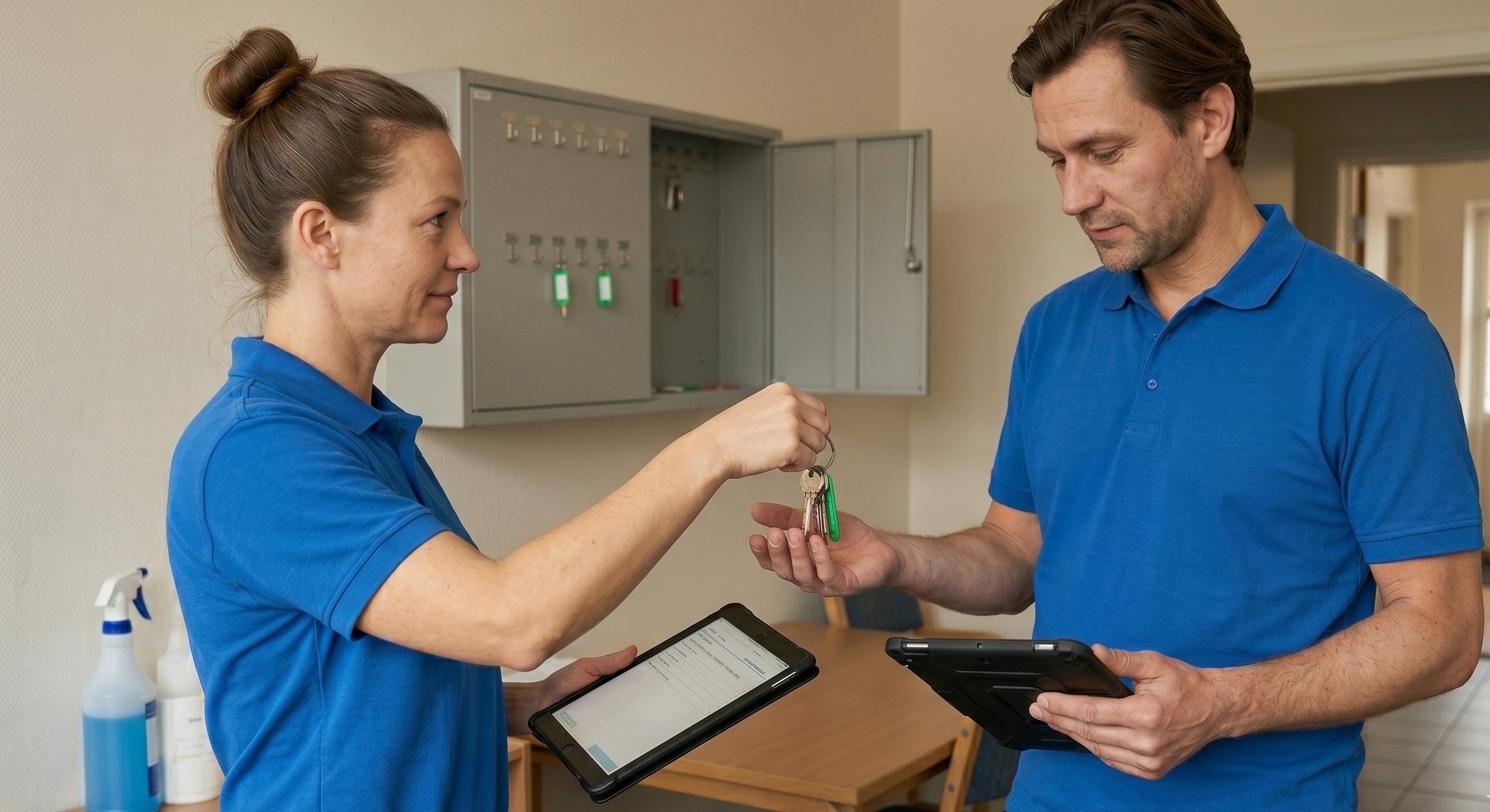 Schlüsselübergabe zwischen zwei Reinigungskräften