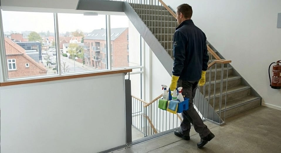 Reinigungskraft im Treppenhaus eines modernen Bürogebäudes, mit Reinigungsutensilien auf dem Weg zur Treppenhausreinigung.