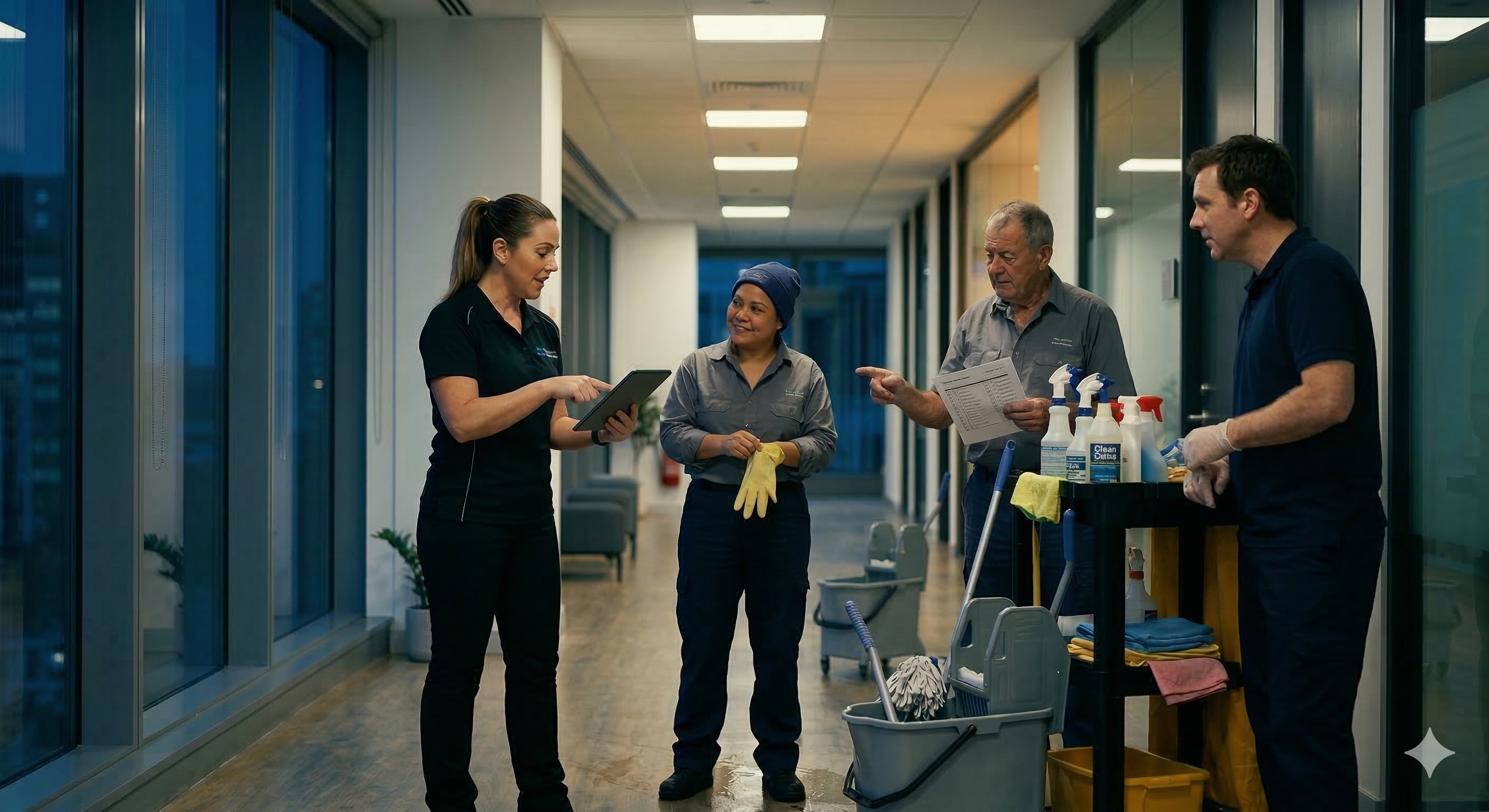 Reinigungsteam bespricht Aufgaben im Büroflur mit Tablet und Checkliste.