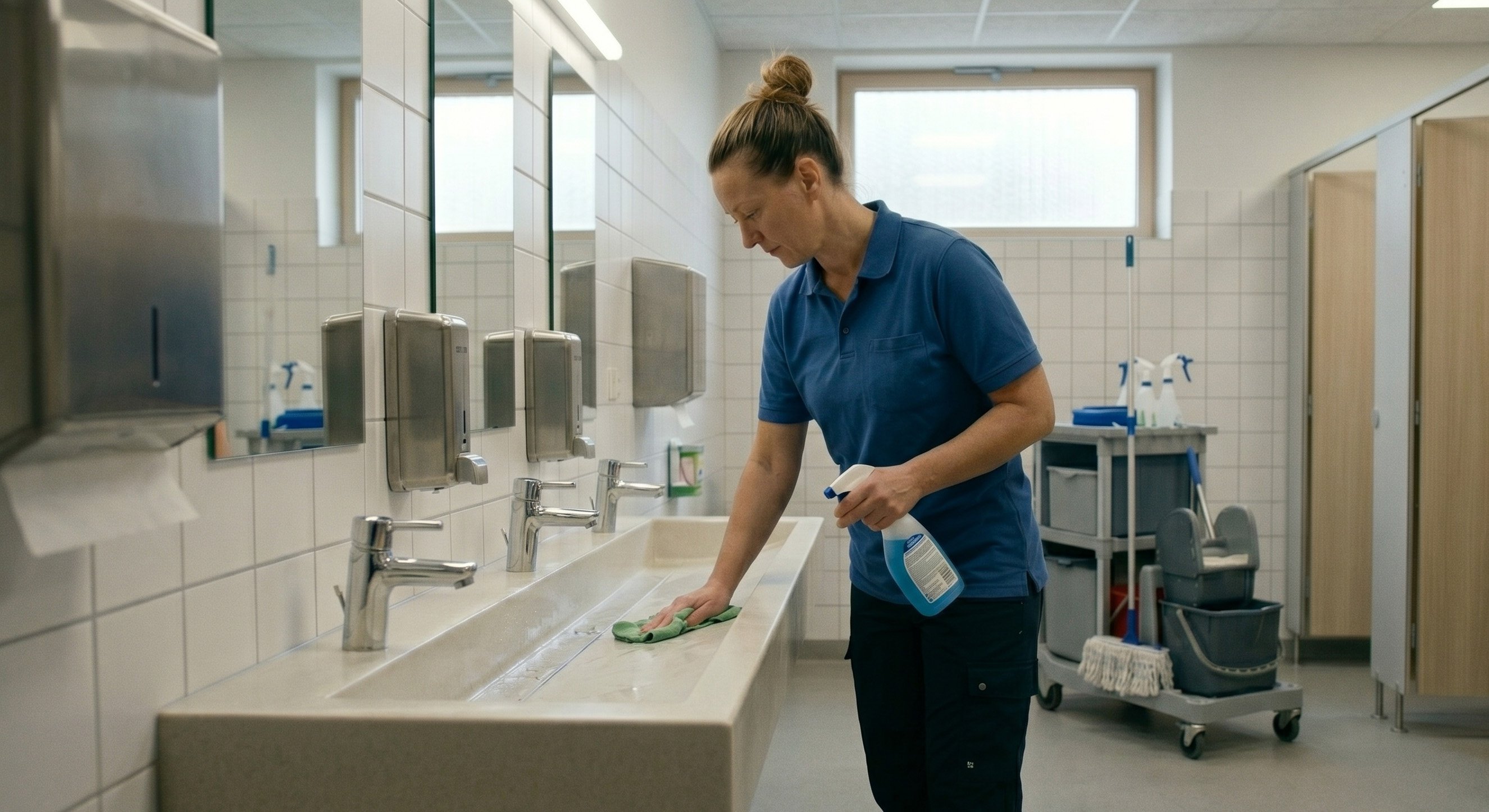 Reinigungskraft bei der Reinigung des Waschbereichs in einem Schul-Waschraum, im Hintergrund ein Reinigungswagen und Sanitärkabinen.