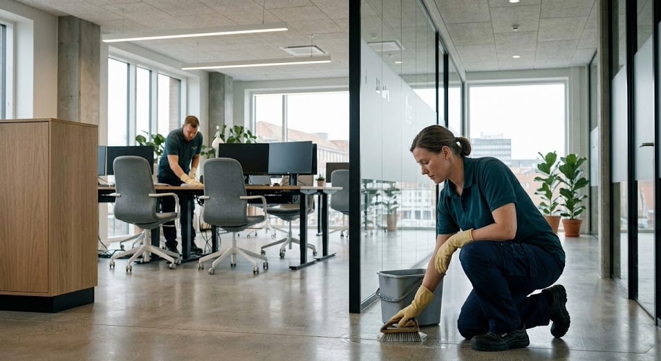 Eine Reinigungskraft kniet auf dem Boden eines modernen Büros und säubert den Boden mit einer Bürste, neben ihr steht ein Eimer. Im Hintergrund arbeitet eine weitere Person an einem Schreibtisch mit Computern. Große Fenster, Pflanzen und Glaswände prägen den hellen, aufgeräumten Raum.