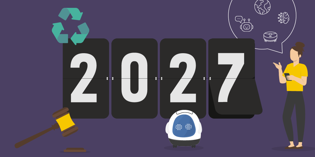 Illustration mit der Jahreszahl 2027, einem Richterhammer, einem Recyclingsymbol, einer KI-Gedankenblase und einem Saugroboter, die kommende Trends und gesetzliche Anforderungen in der Reinigungsbranche symbolisieren.