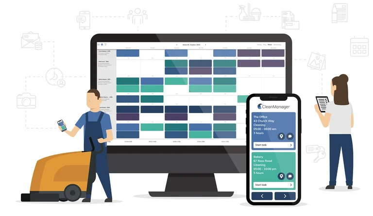 Illustration der digitalen Reinigungsplanung von CleanManager auf einem Computerbildschirm und einem Smartphone mit einem Reinigungsmitarbeiter und einer Serviceleitung im Vordergrund.