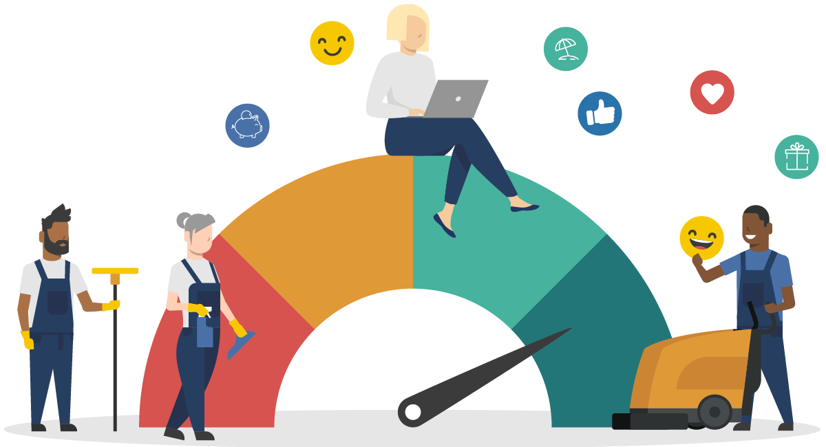 Reinigungskräften vor einer Skala, die Arbeitszufriedenheit und moderne Arbeitsbedingungen in der Gebäudereinigung symbolisiert.