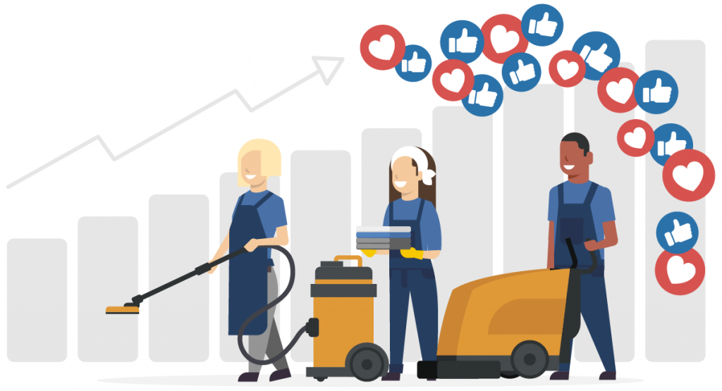 Wachstumsdiagramm mit Reinigungspersonal im Vordergrund, das den Werbeerfolg eines Reinigungsunternehmens darstellt.